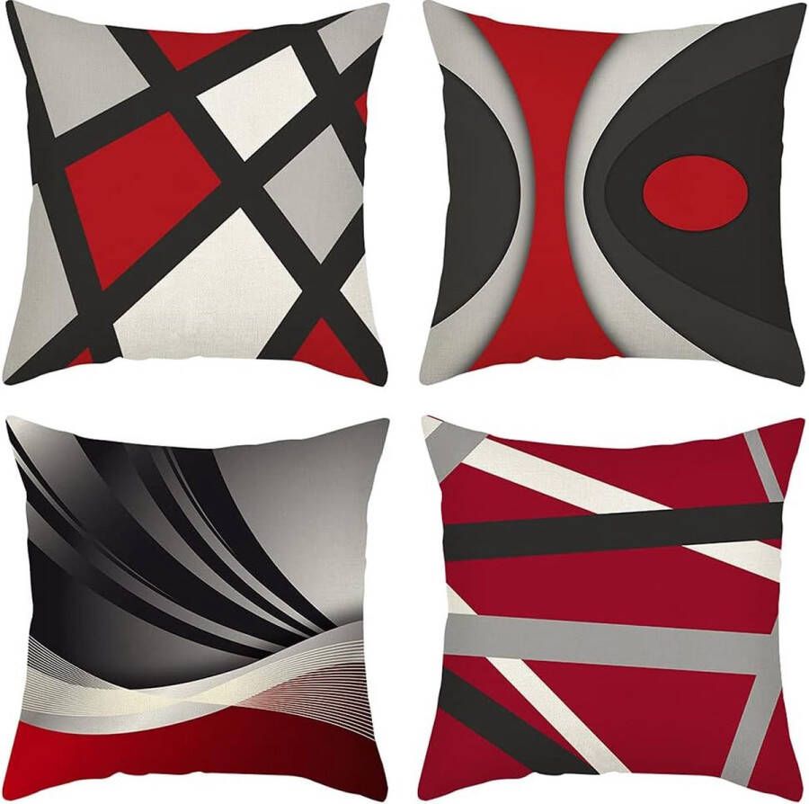 Set van 4 decoratieve kussenhoezen katoenen linnen kussenhoezen rood zwart abstract geometrisch patroon decoratief kussen sofa kussen voor bank auto slaapkamer 45 x 45 cm