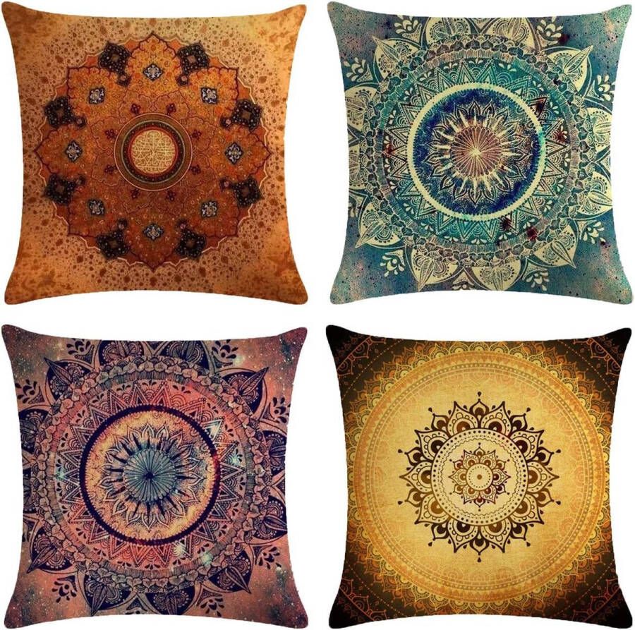 Set van 4 decoratieve kussenhoezen mandala patroon 45 x 45 cm sofa kantoor decor kussenhoes van katoen en linnen (mandala)