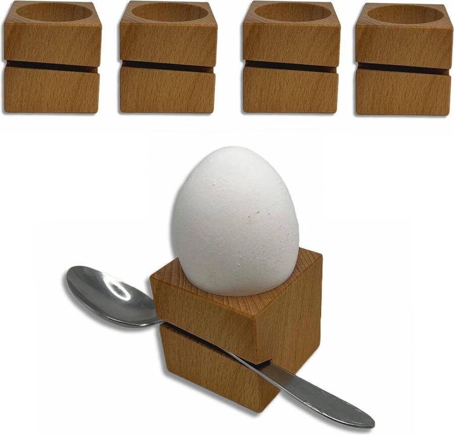 Set van 4 eierdopjes met lepelhouder modern hoekig design massief hout 45 x 45 x 45 cm