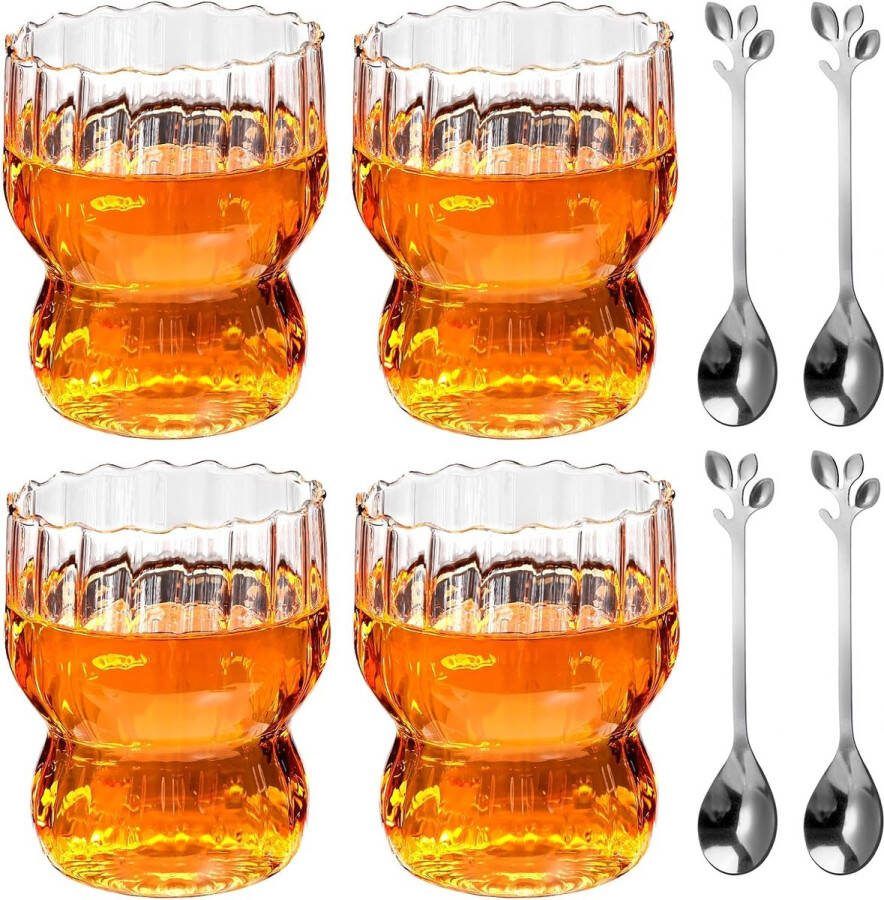 Set van 4 geribbelde bubble koffieglazen 300 ml dessertglazen glas met 4 lepels dessertglazen theeglas sapglazen origami stijl glazen voor latte thee ijs melk