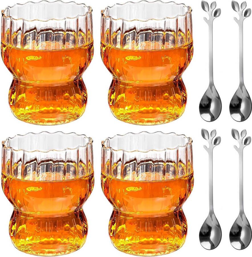 Set van 4 geribbelde bubble koffieglazen set 300 ml dessertglazen met 4 lepels cappuccino geribbelde glazen dessertglazen theeglas sapglazen origami-stijl glazen voor latte thee ijs melk