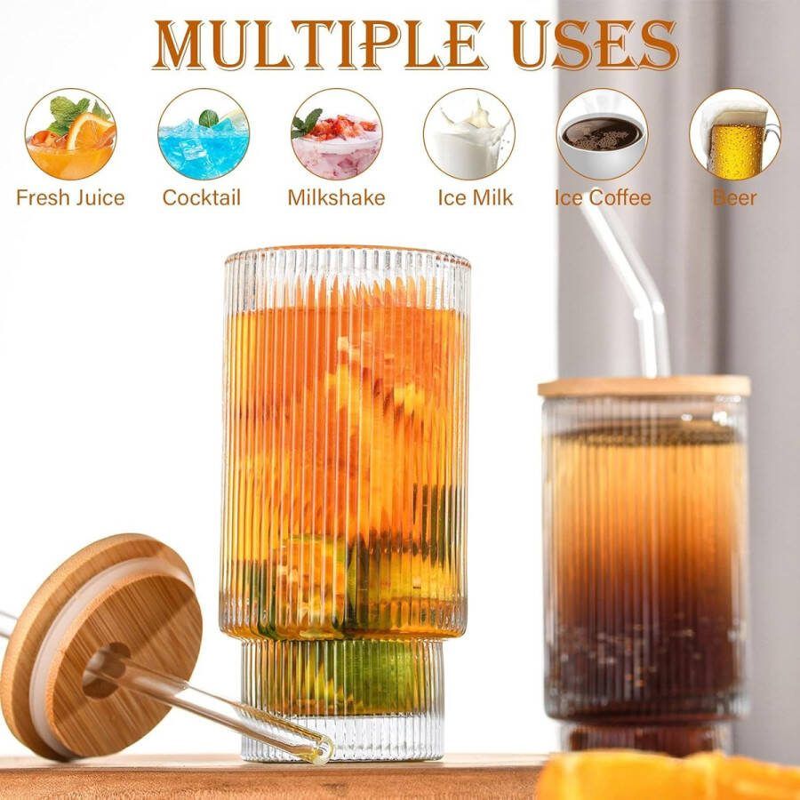Set van 4 geribbelde glazen 310 ml geribbelde drinkglazen met rietje en deksel geribbelde glazen origami-stijl glazen beker longdrinkglazen met 3 borstels voor familie camping feest