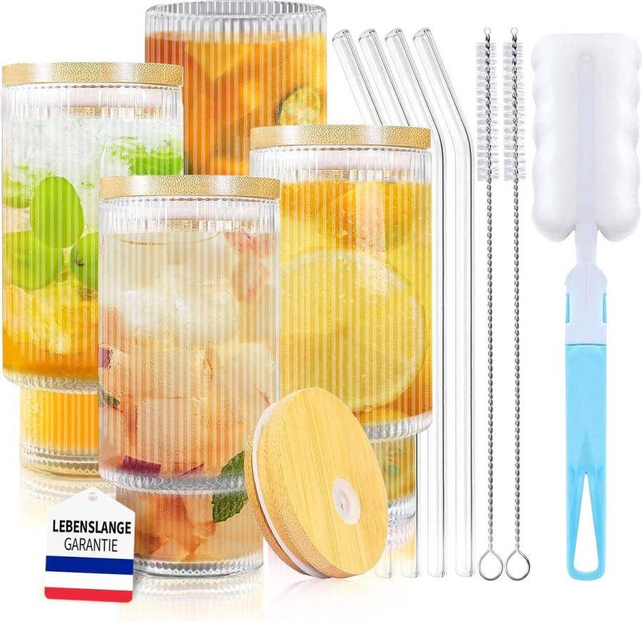 Set van 4 geribbelde glazen 380 ml geribbelde drinkbekers met deksel en rietje cocktailglazen geribbelde glazen origami-stijl longdrinkglas voor koffie whiskey
