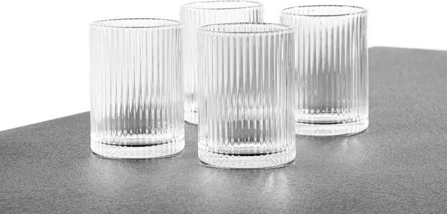 Set van 4 geribbelde glazen hoge longdrinkglazen vaatwasmachinebestendig drinkglazen cocktailglazen glazen glas water sap ijskoffie (250 ml)