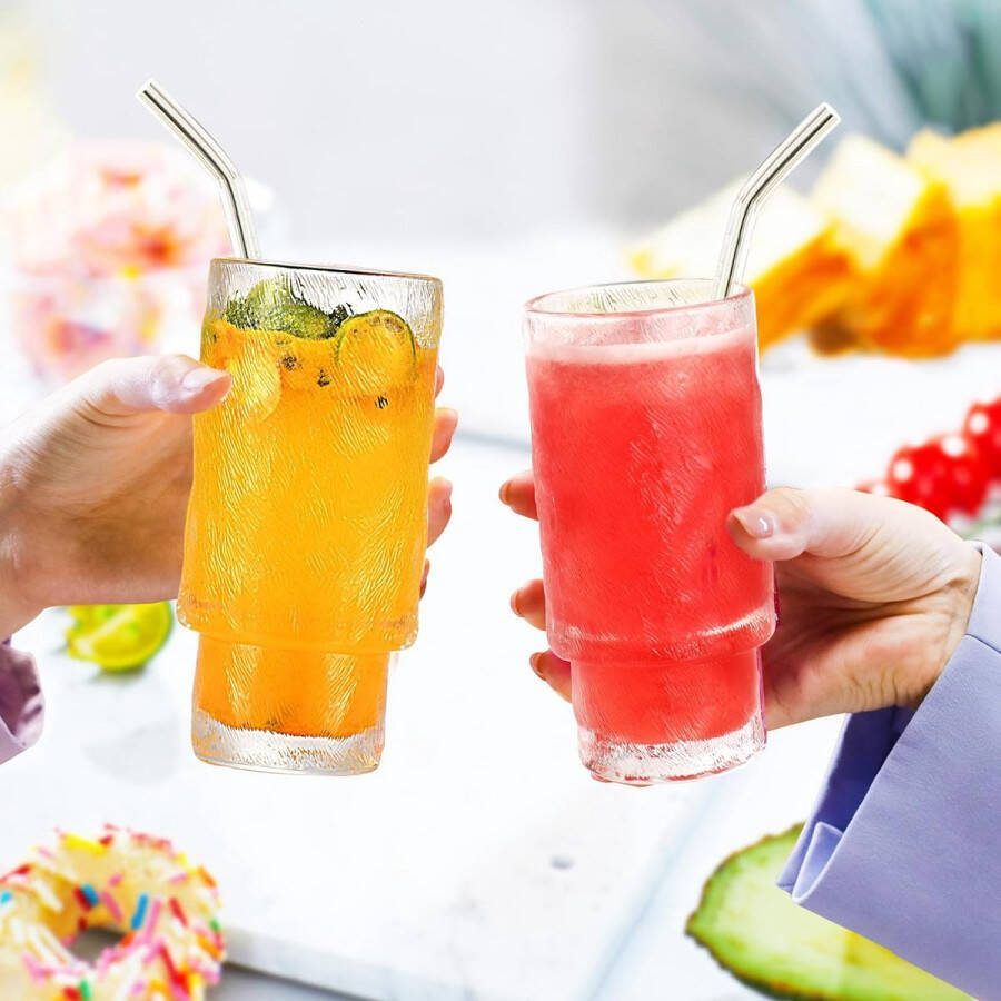 Set Van 4 Glazen Beker met Bamboe Deksel en Rietje 350 ml Bubble Tea beker Cocktailglas voor Ljskoffie Smoothie Bubbelthee Transparant