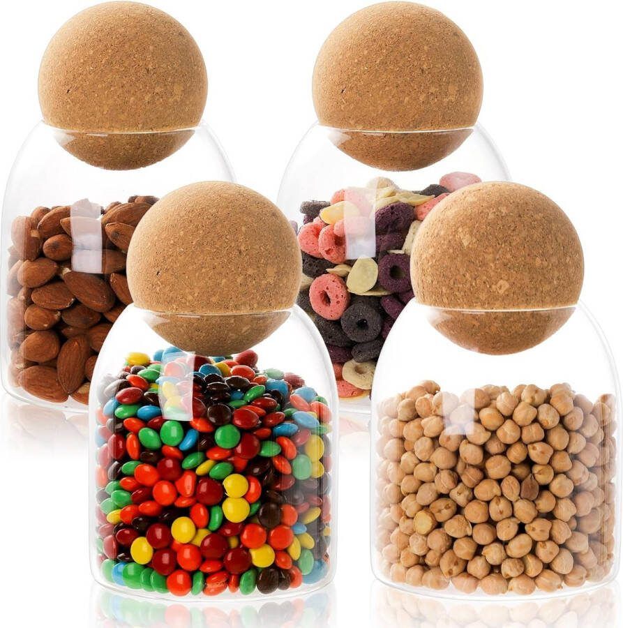 Set van 4 glazen containers met kogelkurken glazen pot van 500 ml met kurkdeksel ronde fles van kurkglas kleine snoeppot met luchtdicht houten kogeldeksel voor voedsel koffiebonen noten suiker