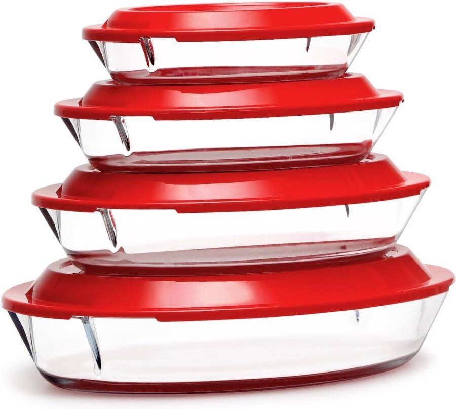 Set van 4 glazen ovenschalen met deksel 0 8+1 4+2+3 5L lasagneschaal voor de oven (NIET HET DEKSEL) ovaal glazen voorraadbak met plastic deksel