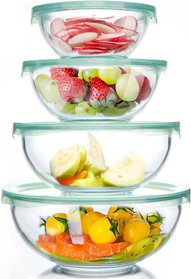 Set van 4 glazen saladekommen 1 15 25 37 liter magnetron- en vaatwasmachinebestendig voor mixen bewaren en serveren