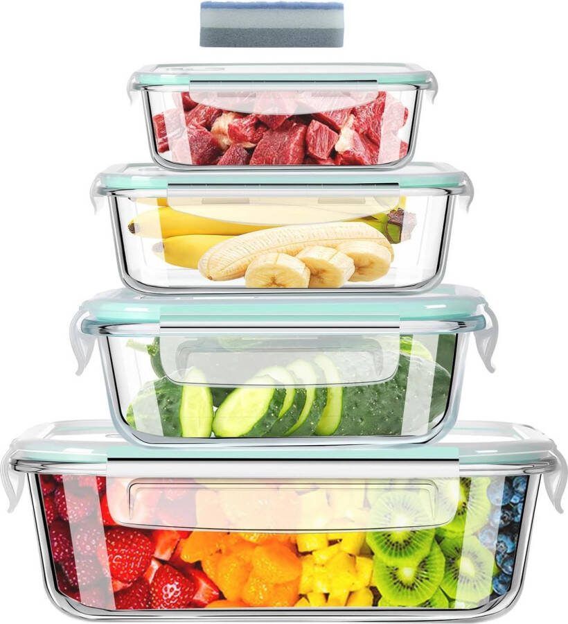 Set van 4 glazen vershouddozen voorraaddozen robuust borosilicaatglas voorraaddozen (1 x 370 ml 1 x 640 ml 1 x 1040 1 x 1520 ml) glazen container met deksel en 1 reinigingsspons