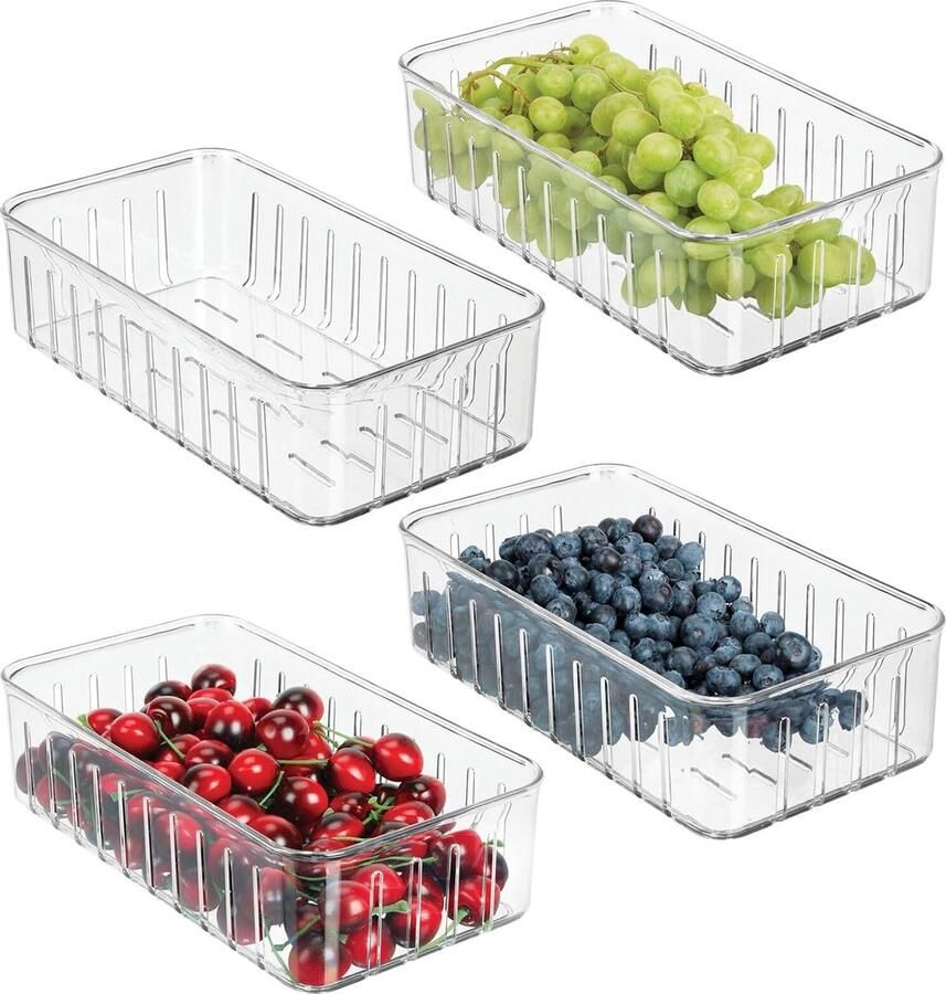 Set van 4 grote koelkastcontainers Praktische opbergcontainers zonder deksel Voedselopslagcontainers met zijopeningen