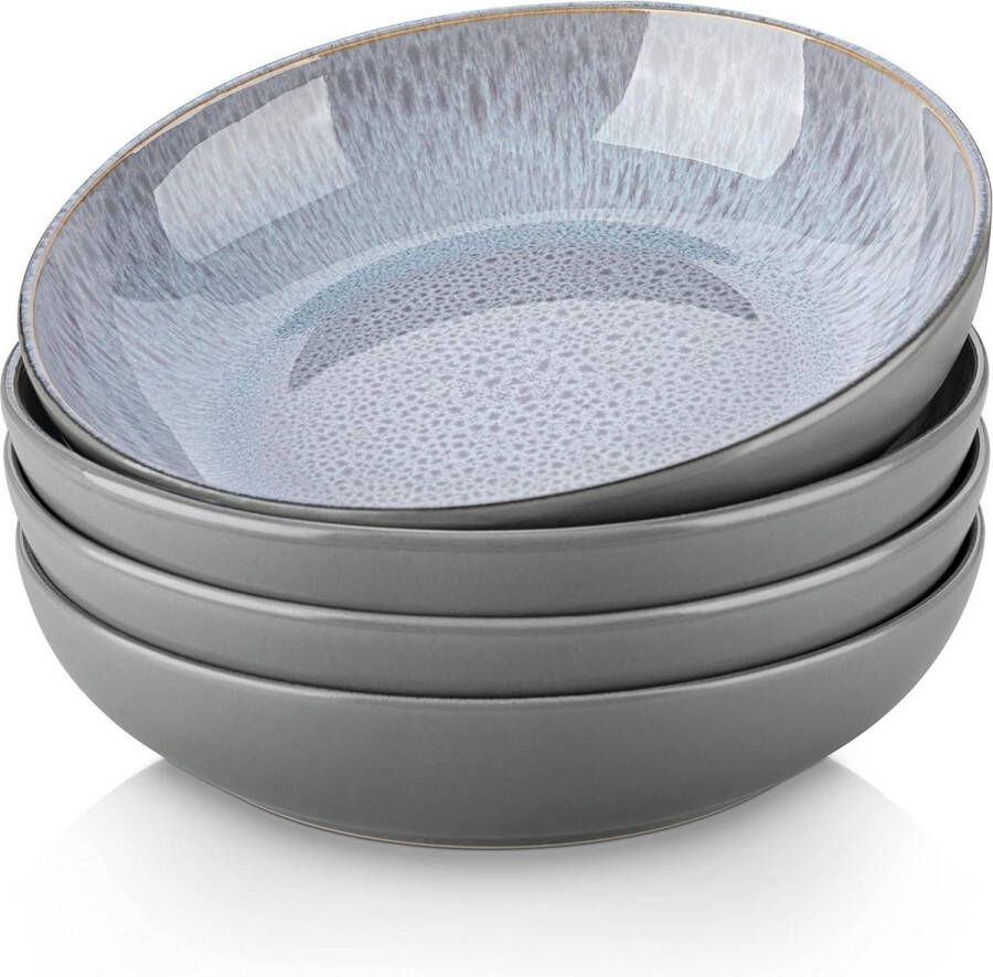 Set van 4 grote steengoed pastakommen magnetron- en vaatwasmachinebestendig voor pasta salade soep witgrijs