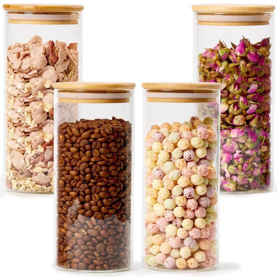 Set van 4 hoge borosilicaatglazen potten met luchtdichte natuurlijke bamboe deksels heldere decoratieve voedselbus opslagcontainer set voor thuis keuken pantry (900 ml)