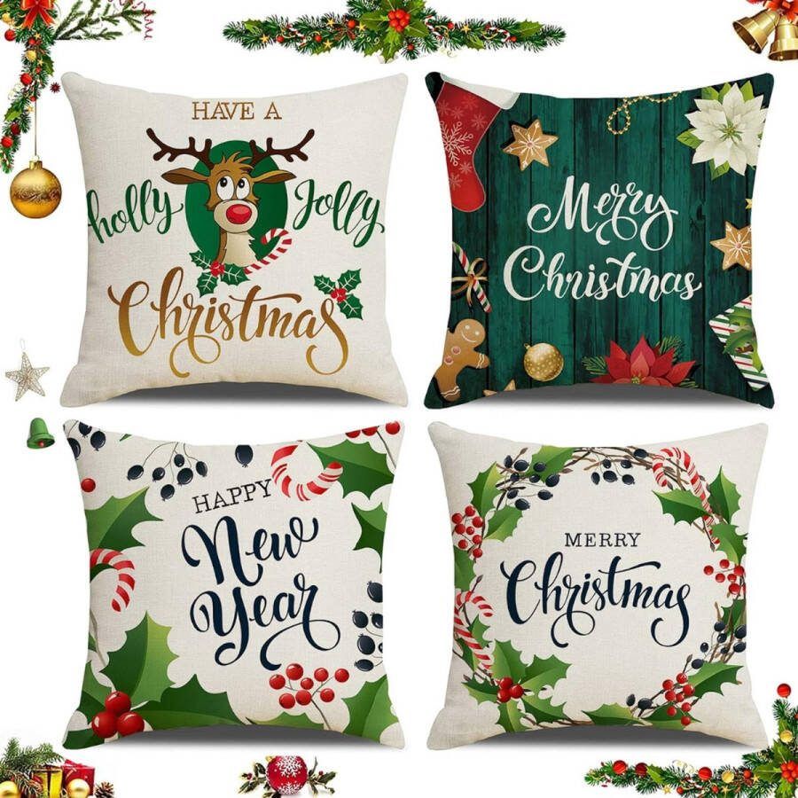 Set van 4 Kerst Kussenslopen Vrolijk Kerstfeest Decoratie Linnen Decoratieve Kussenhoezen 45 x 45 cm (S)