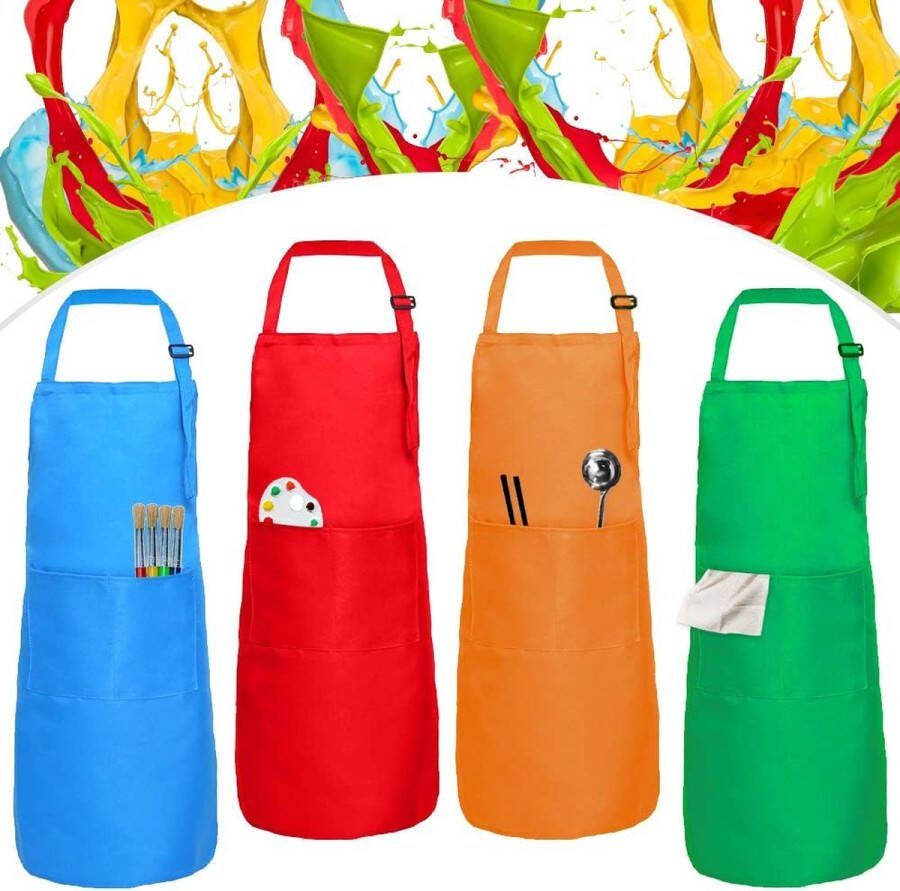 Set van 4 kinderschorten voor meisjes en jongens verstelbaar schilderschort voor kinderen met tas kookschort schort kinderschilderjas voor kinderen om te knutselen koken bakken