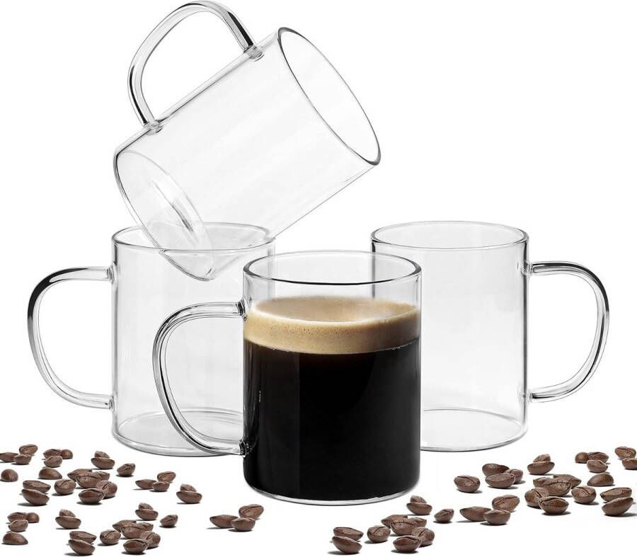 Set van 4 koffiekopjes glazen kopjes met handvat 400 ml glazen van borosilicaatglas koffieglazen theeglazen