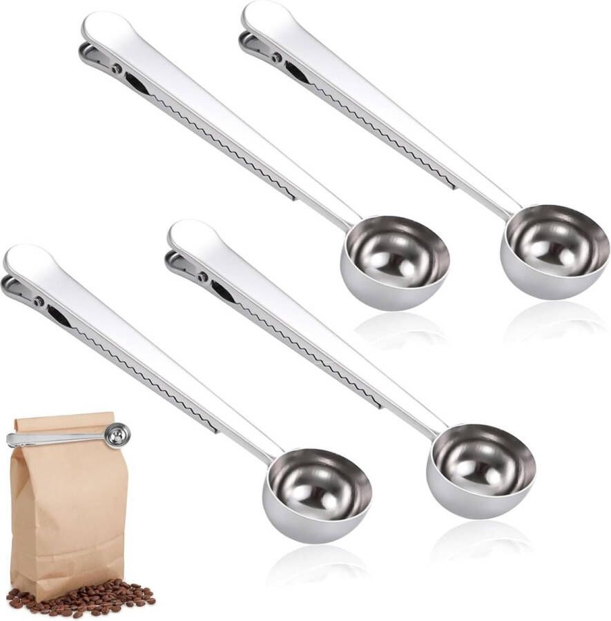 Set van 4 koffieschepclips roestvrijstalen koffiedoseerlepel multifunctionele koffielepel koffiepoeder maatlepel voor melkpoeder koffieaccessoires koffiedoseerlepel met zaksluitingsclip