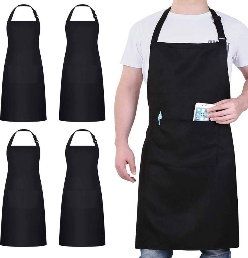 Set van 4 koksschort zwarte schort voor heren dames waterdichte schort met 2 zakken verstelbare nekband schort voor keuken koken bakken tuin BBQ