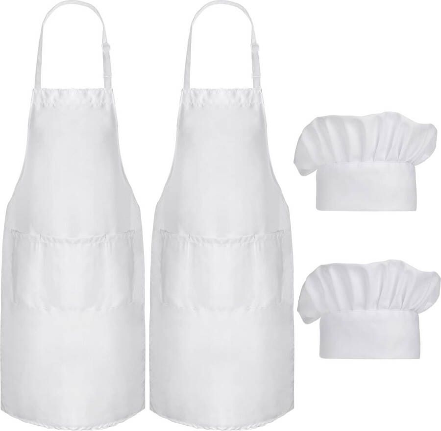 Set van 4 kookschorten witte keukenschort en chef-kokshoed voor mannen en vrouwen verstelbaar schort met 3 zakken voor keuken koken bakken BBQ