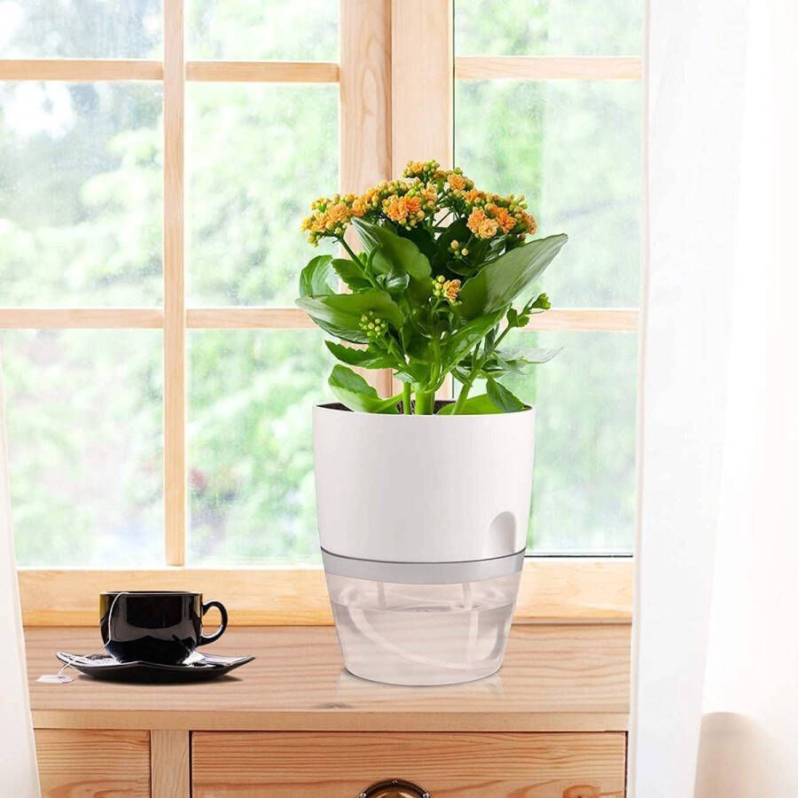 Set van 4 kruidenpotten met bewateringssysteem bloempot met zelfbewaterende kruidentuin voor verse keukenkruiden 15 x 15 x 18 cm wit