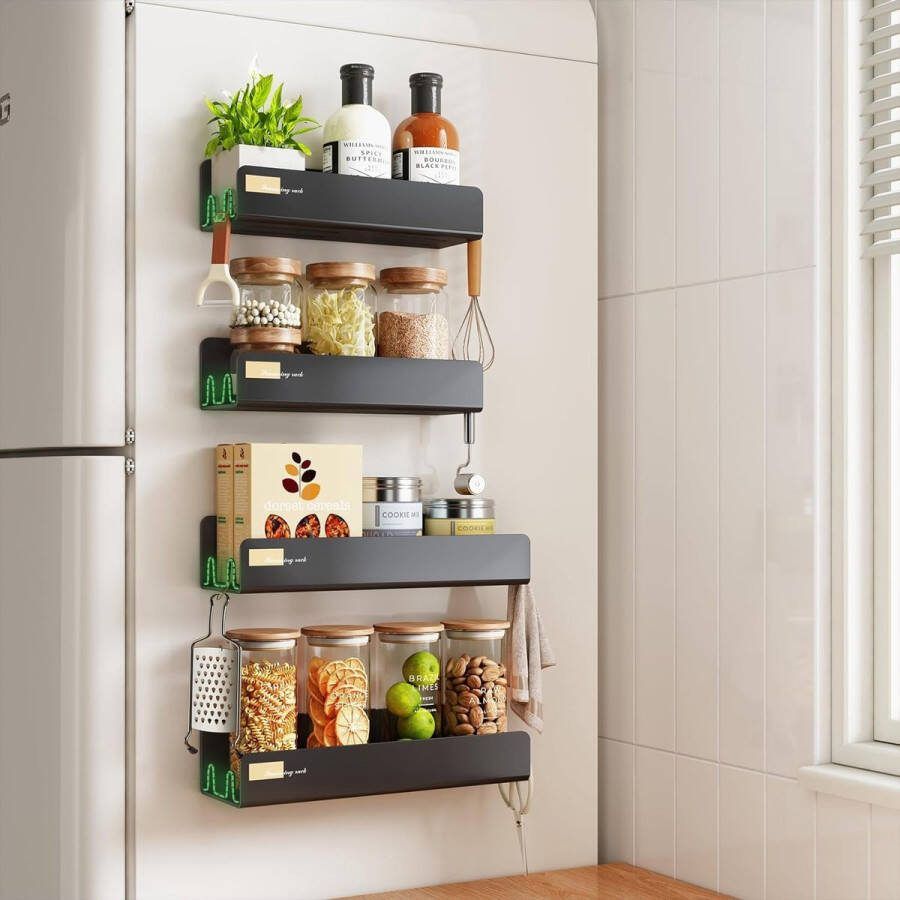 Set van 4 kruidenrek magnetische koelkast met 16 haken multifunctionele magnetische plankkoelkast met holle vorm sterke magnetische kruidenorganizer en opslag zwart