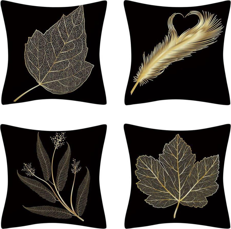 Zhs Set van 4 kussenslopen geometrisch patroon decoratieve kussenhoezen kort pluche katoen 45 x 45 cm zwart
