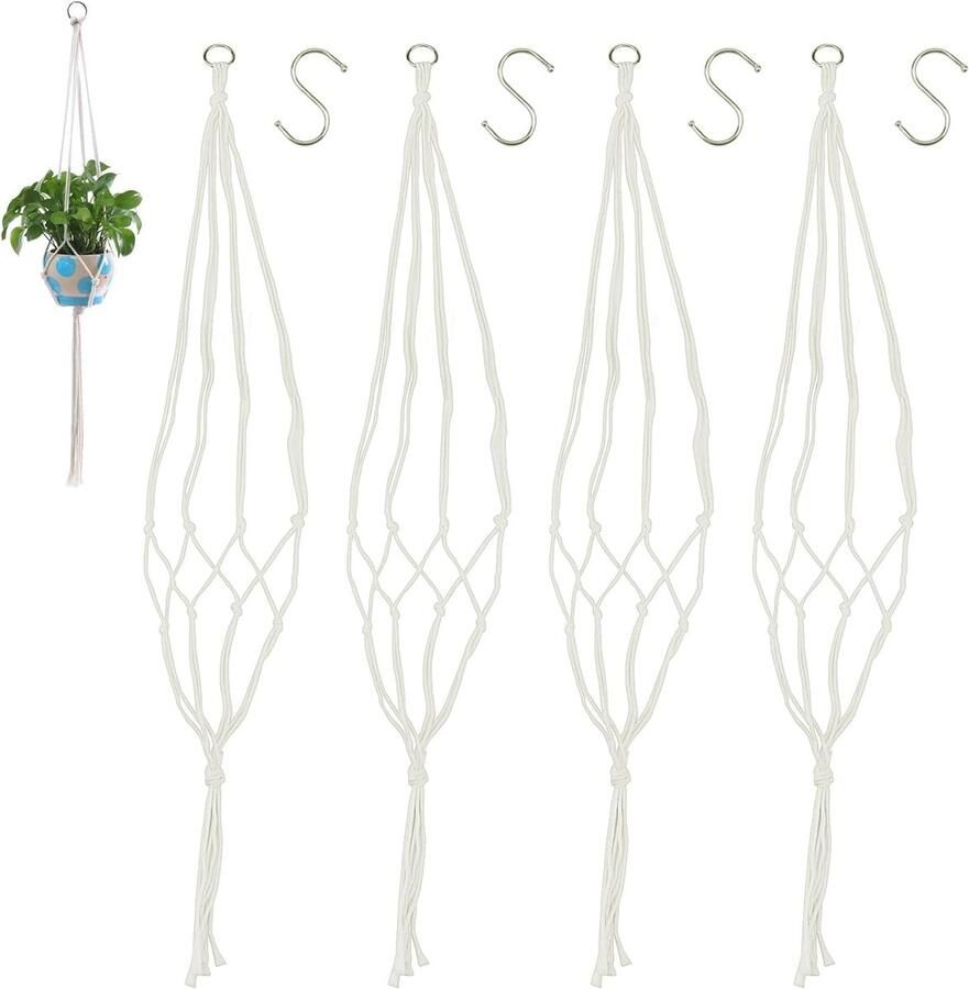 Set van 4 Macrame hangende manden Boho decoratief katoenen touw hangende mand bloempot hangende plantenhanger voor binnen buiten plafonds balkons wanddecoratie 95 cm lang