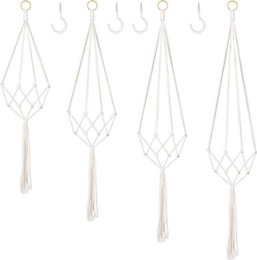Set van 4 macramé plantenhangers boho decoratief katoenen touw voor binnen en buiten plafond balkons wanddecoratie (beige)