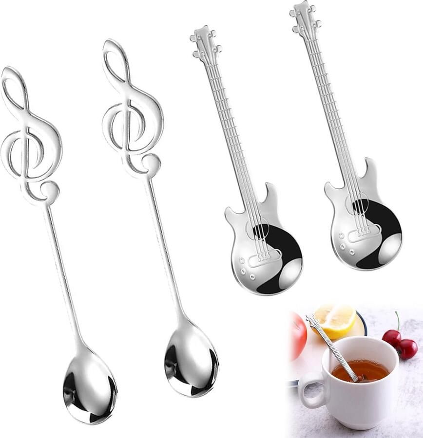 Set van 4 Muzikale Koffielepels met Speelse Ontwerpen voor Muziek Liefhebbers