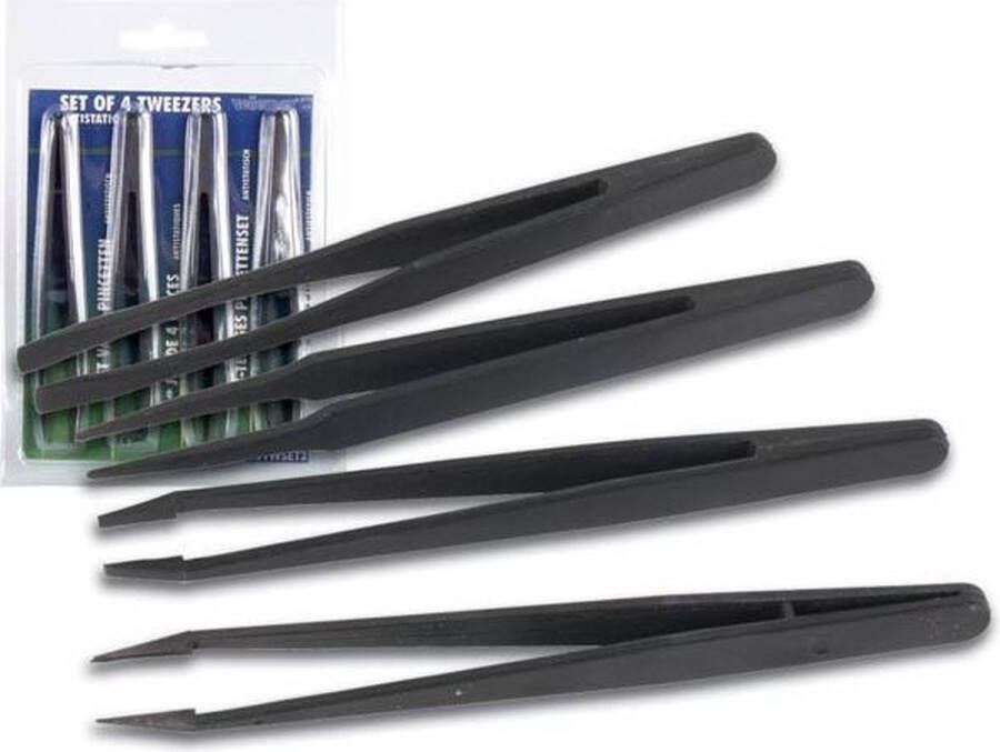 Velleman Set Van 4 Niet-geleidende Pincetten Voor Veilig Precisiewerk Zwart