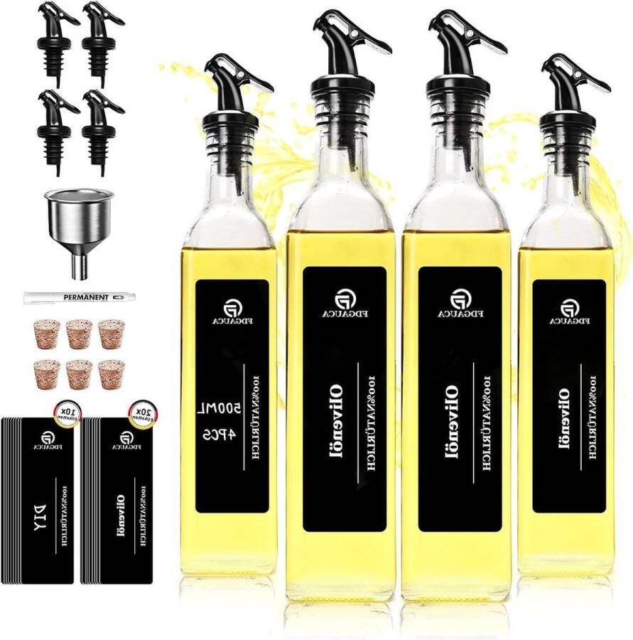 Set van 4 olieflessen van 500 ml glazen oliedispenser met labels olijfoliefles voor keukenolie azijn en meer