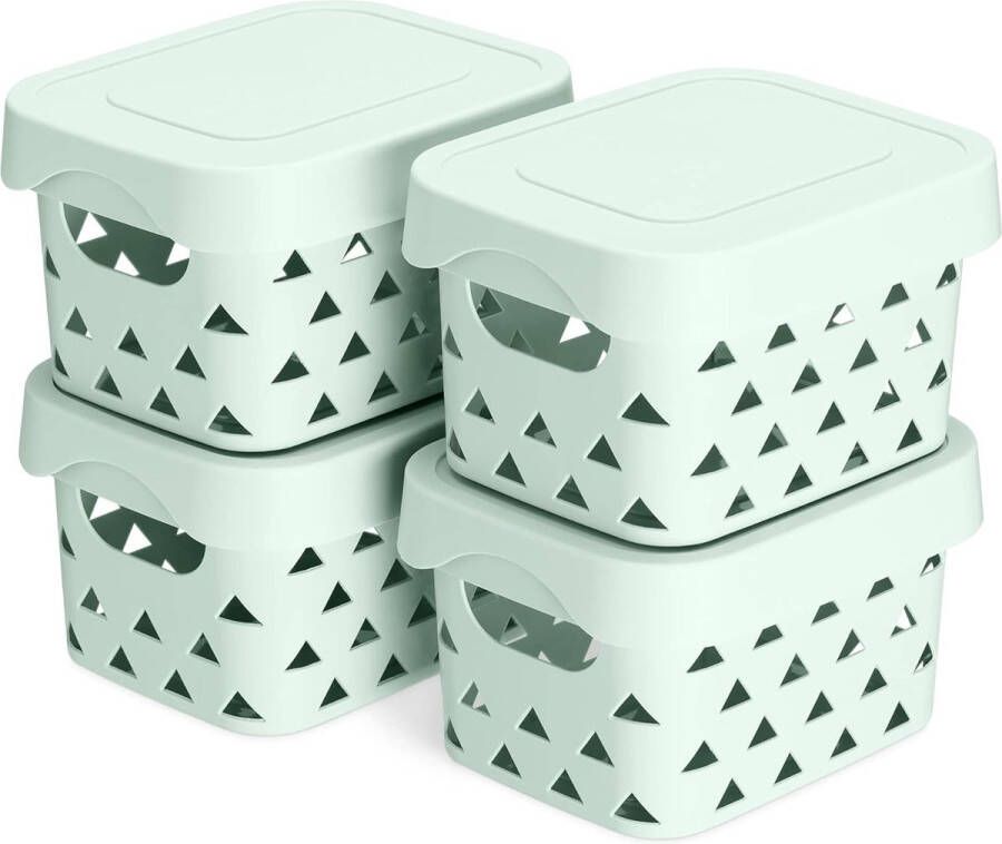 Set van 4 opbergdozen met deksel doos van kunststof klein 4 x stapelbaar ademende opslag badkamerrek in mintgroen