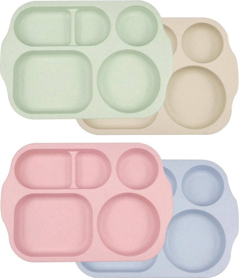 Set van 4 plastic kinderborden borden met verdelers onbreekbare dinerborden kinderborden gedeeld plastic met 5 vakken voor volwassenen kinderen