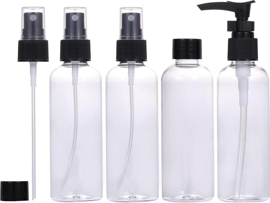 Set-van-4-reisflessen-verdikt-plastic-lekvrij-navulbare-lege-spuit-pompflessen-met-deksel-en-transparante-draagtas-80-ml-100-ml-flessen-in-reisformaat-voor-shampoo-parfum-Zwart-100-ml reisflesjes 100ml