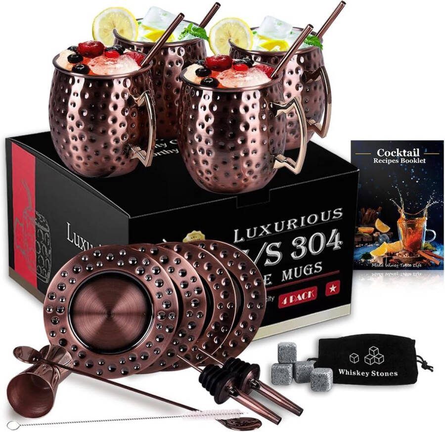 Set van 4 roestvrijstalen Moskou Mule mokken 450 ml cocktailglazen cadeauset met onderzetter cocktailrietjes lepel reinigingsborstel wijnkurkentrekker en wijnaccessoires (brons)