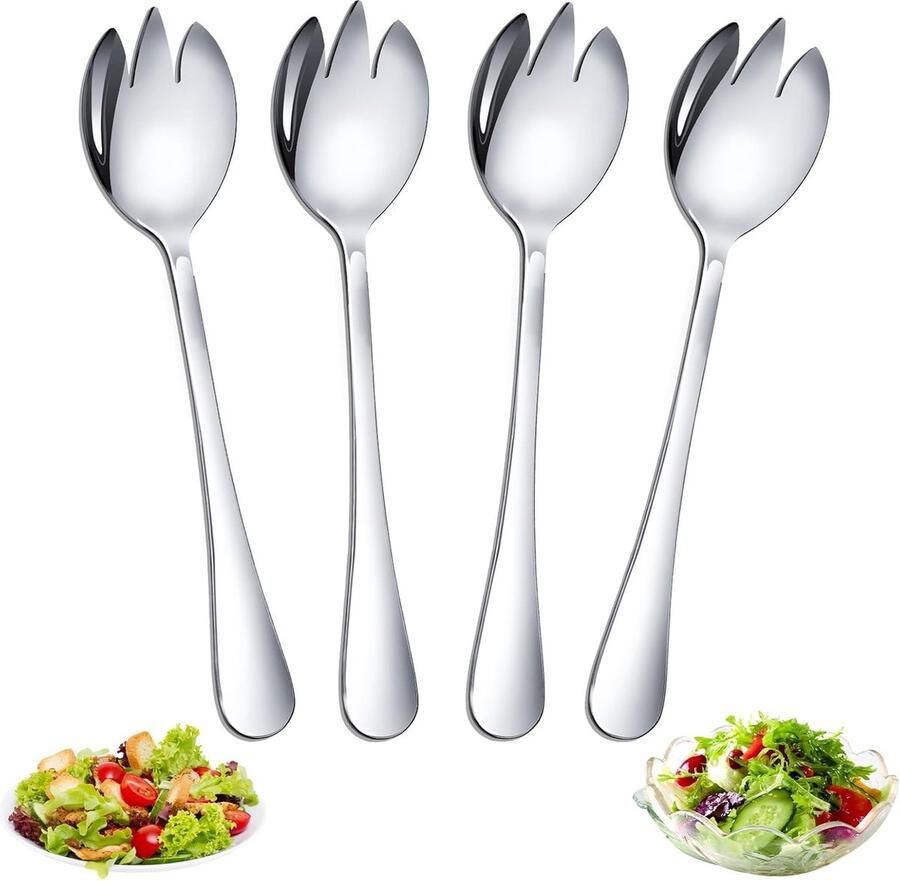 Set van 4 roestvrijstalen saladebestek saladevorken serveerlepel servies Spork roestvrijstalen westerse serviesset serveerlepel dessert pasta servies voor feesten (4 saladevorken)