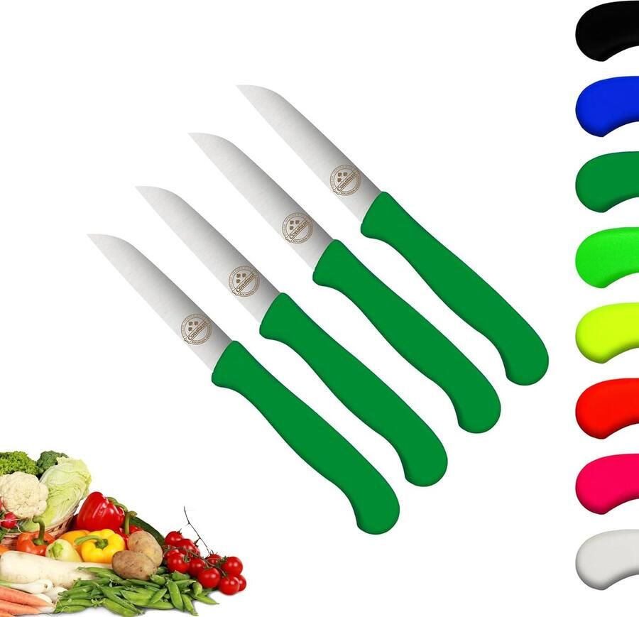 Set van 4 scherpe keukenmessen groen schilmes roestvrij 8 cm handafname dun geslepen superscherp vaatwasmachinebestendig