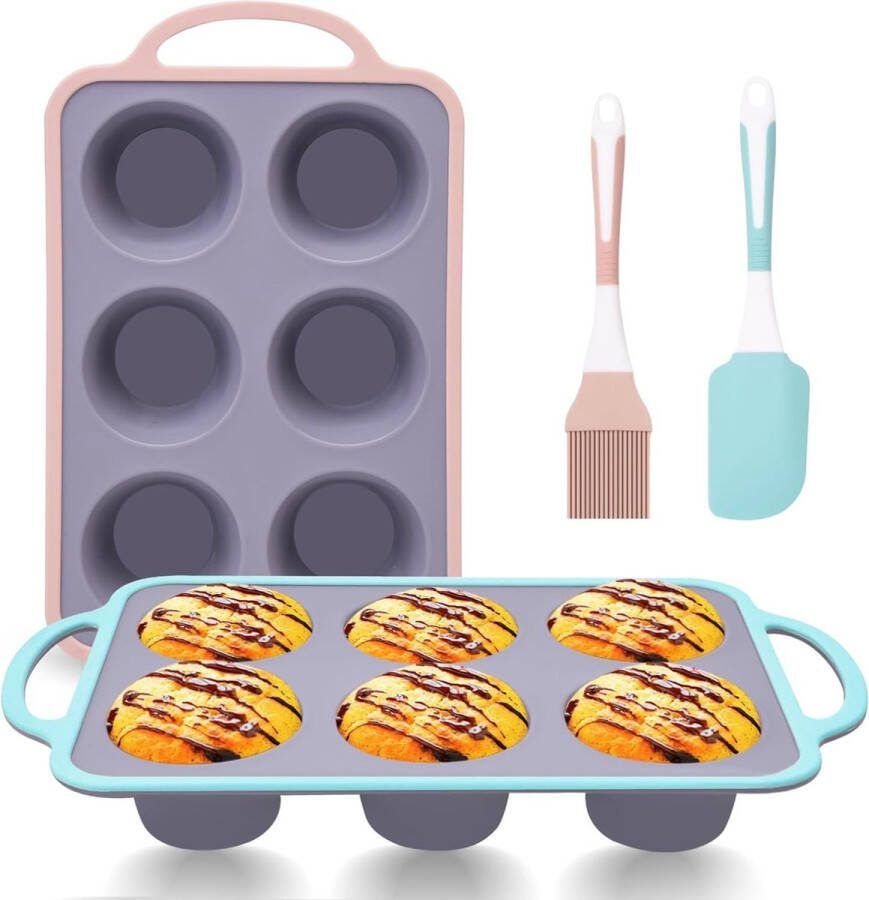Set van 4 Siliconen Muffinvormen 6 Kopjes Siliconen Cupcake-Model Muffin- en Cupcake-Bakvorm met Handvat en Antiaanbaklaag Ideaal voor het Maken van Muffincakes Taarten