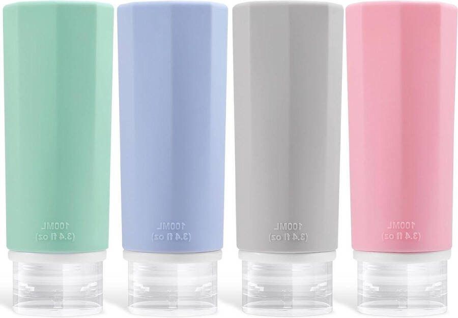 Set van 4 siliconen reisflessen 100 ml voor cosmetica shampoo vloeistoffen lekvrij navulbaar reisset containers reisflesjes handbagage
