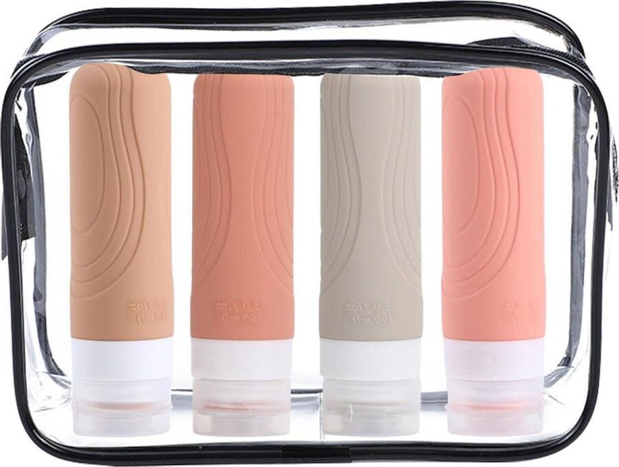 Set van 4 siliconen reisflessen 90 ml draagbare lekvrije knijpbare reiscontainers roze reisaccessoires voor shampoo lotion zeep reisflesjes 100ml
