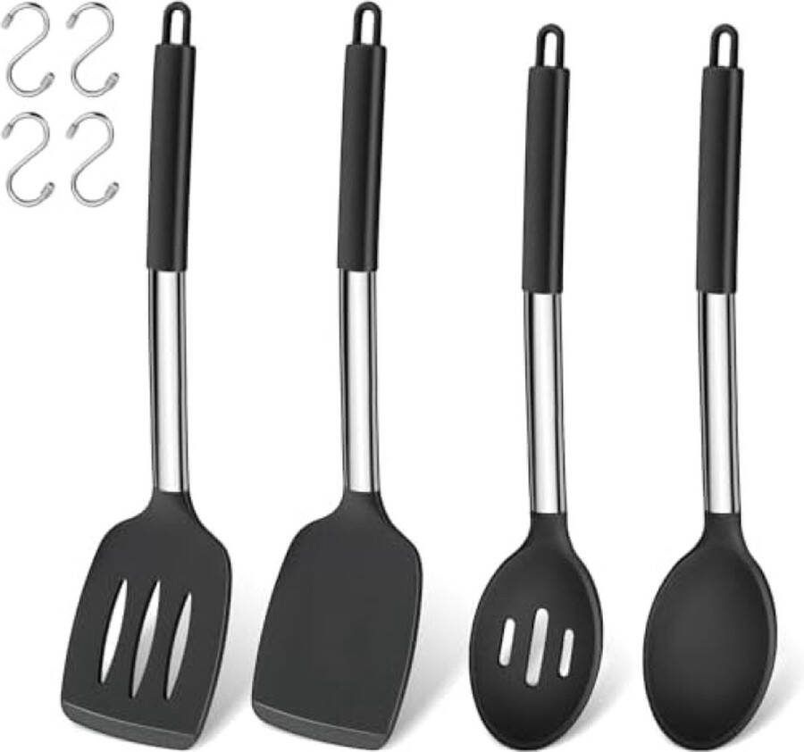 Set van 4 siliconen spatels en kooklepelset hittebestendig keukengerei set met roestvrijstalen handgreep kookbestek voor koken bakken flip vaatwasmachinebestendig zwart