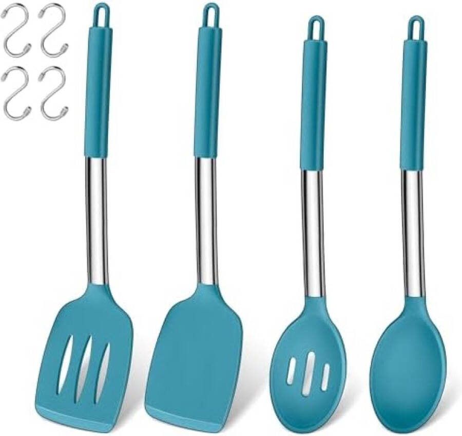 Set van 4 siliconen spatels en kooklepelset hittebestendig keukengerei set met roestvrijstalen handgreep kookbestek voor koken bakken flip vaatwasmachinebestendig lichtblauw