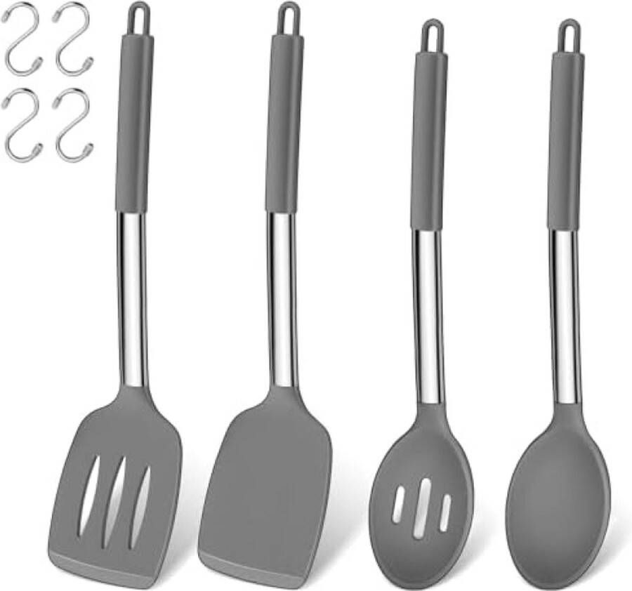 Set van 4 siliconen spatels en kooklepelset hittebestendig keukengerei set met roestvrijstalen handgreep kookbestek voor koken bakken flip vaatwasmachinebestendig grijs
