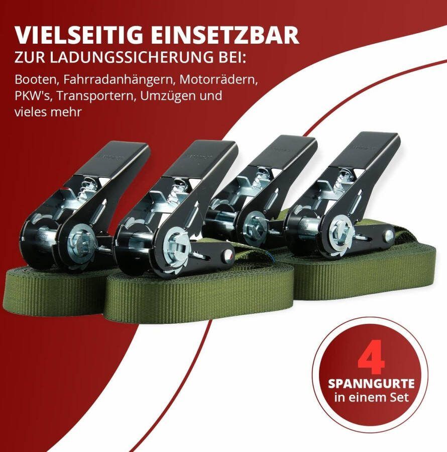 Set van 4 spanbanden ratelriemen zwarte ratel belastbaar tot 400kg volgens DIN EN 12195-2 lengte 6m breedte 25mm uit één stuk olijfgroen