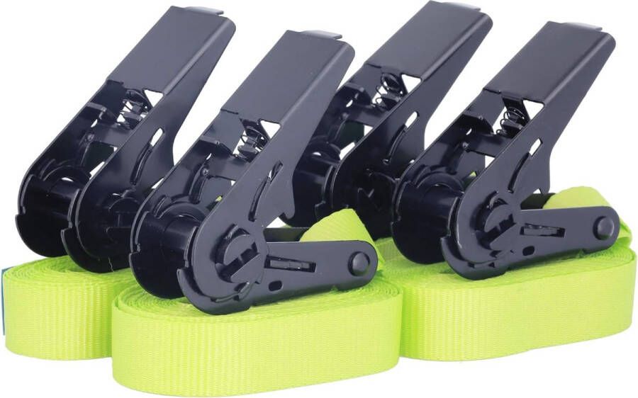 Set van 4 spanbanden ratelriemen zwarte ratel belastbaar tot 400kg volgens DIN EN 12195-2 lengte 4m breedte 25mm uit één stuk geel