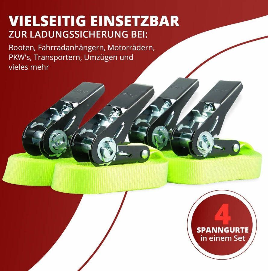 Set van 4 spanbanden ratelriemen zwarte ratel belastbaar tot 400kg volgens DIN EN 12195-2 lengte 6m breedte 25mm uit één stuk geel