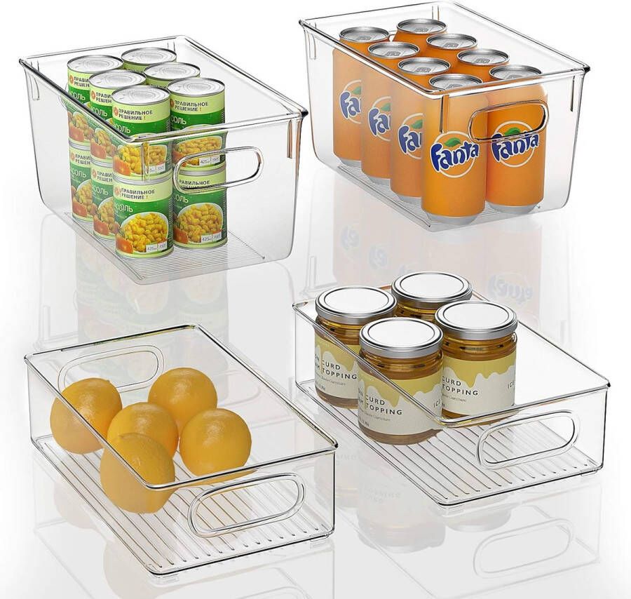 Set van 4 stapelbare koelkastorganisatoren 2 groot 2 medium opbergdoos voor vriezers keukenwerkbladen en kasten doorzichtige plastic voorraadkast voedselopslag BPA-vrij