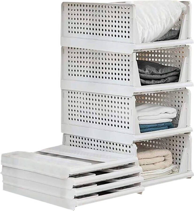 Set van 4 stapelbare opvouwbare kledingkastopbergdozen kunststof kledingkastplanken kastorganizer uittrekbaar als een lade geschikt voor thuis slaapkamer keuken