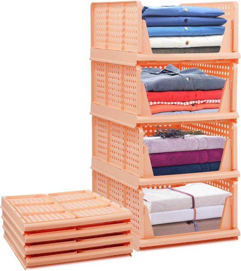 Set van 4 stapelbare opvouwbare opbergdozen voor kledingkasten plastic kledingkastplanken kastorganisatorbox uittrekbaar als een lade geschikt voor thuis slaapkamer keuken roze