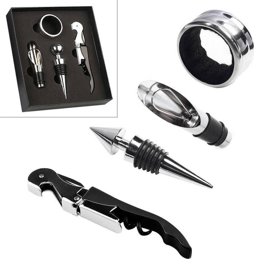 Set Van 4 Stuks Wijn Opener Wijnstopper Flesopener Set Schenktuit Kurk Druppelring In Luxe Geschenkdoos