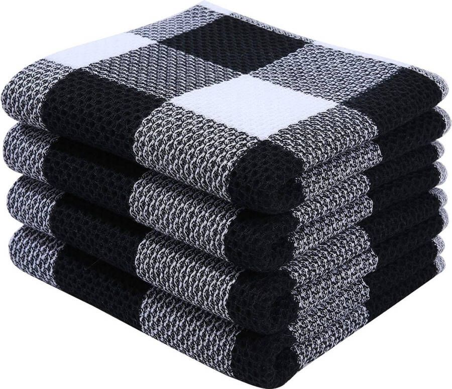 Set van 4 theedoeken 100% katoen 33 x 71 cm zachte vaatdoeken absorberend keukenhanddoeken pluisvrij plaidpatroon vaatdoek poetsdoeken zwart en wit